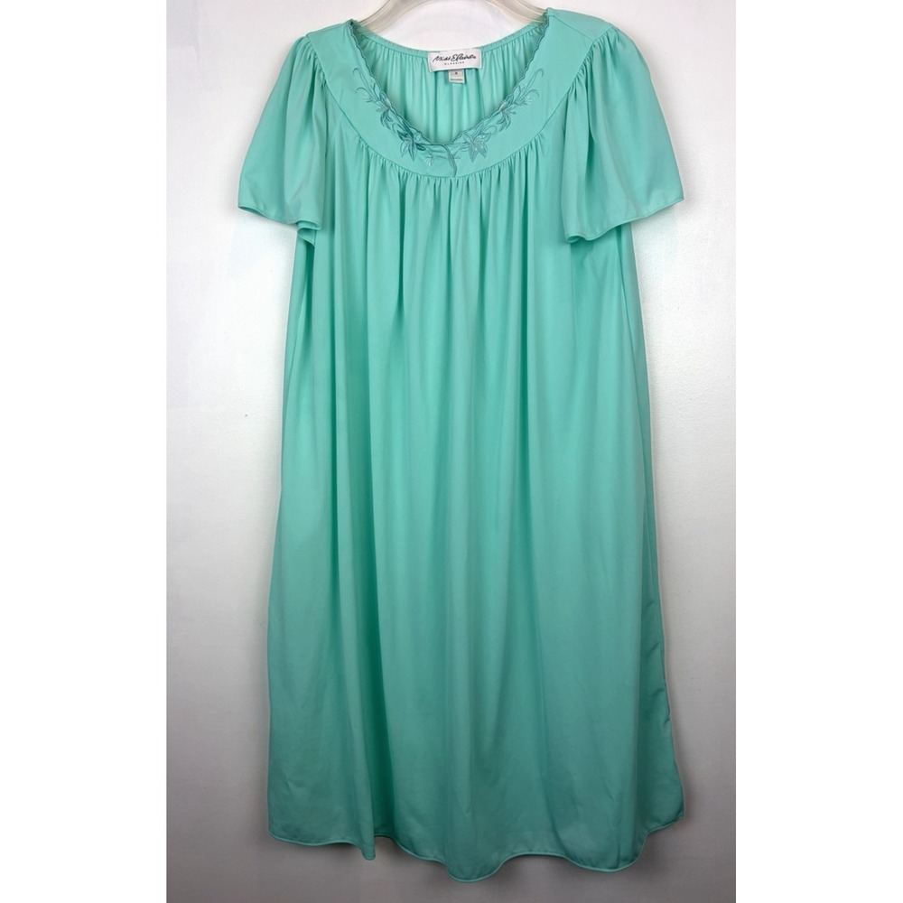 Miss Elaine Classics Nightgown Small Green Embroidered Nylon Flutter Sleeves